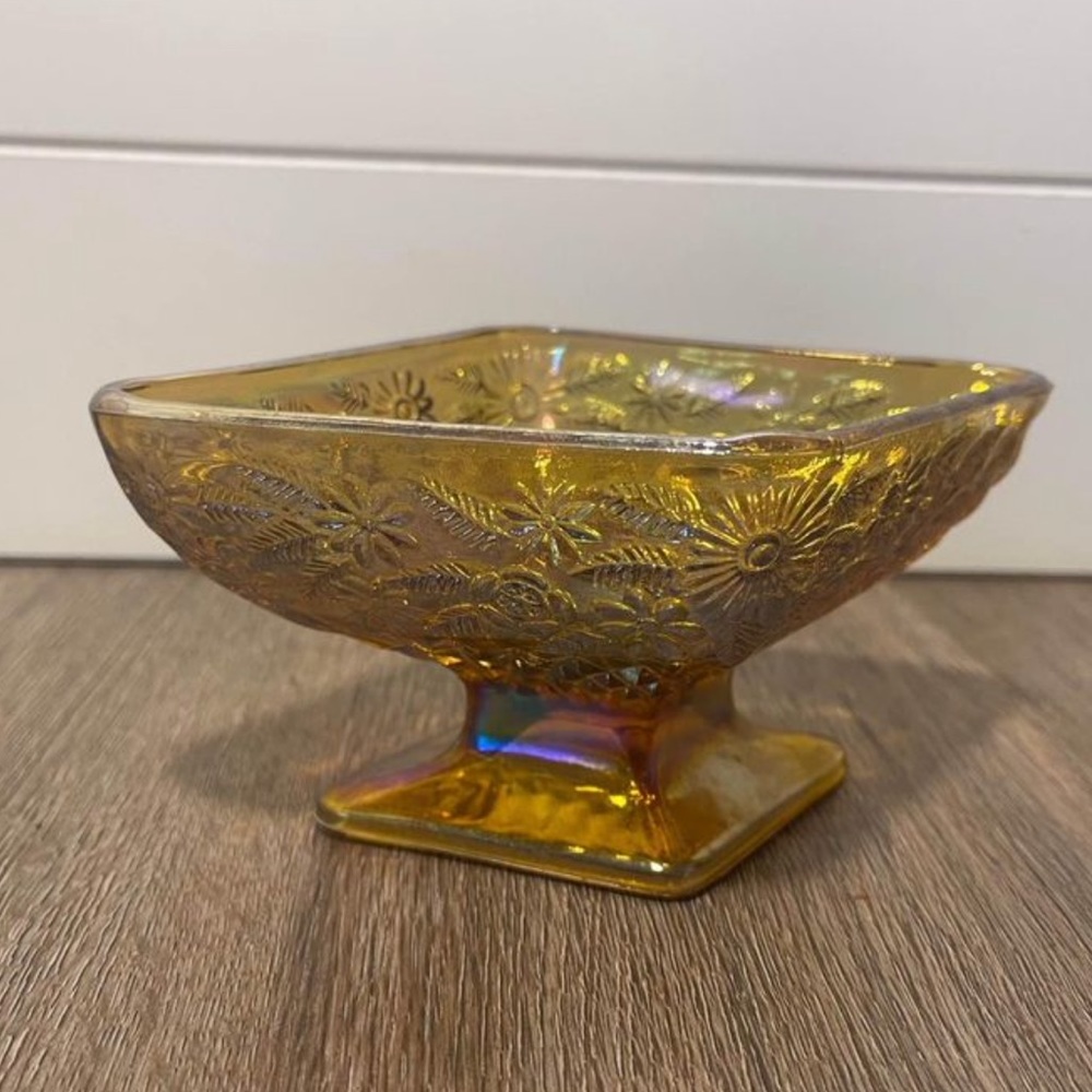 Vintage Marigold Carnival Glass Diamond Shaped Candy Dish